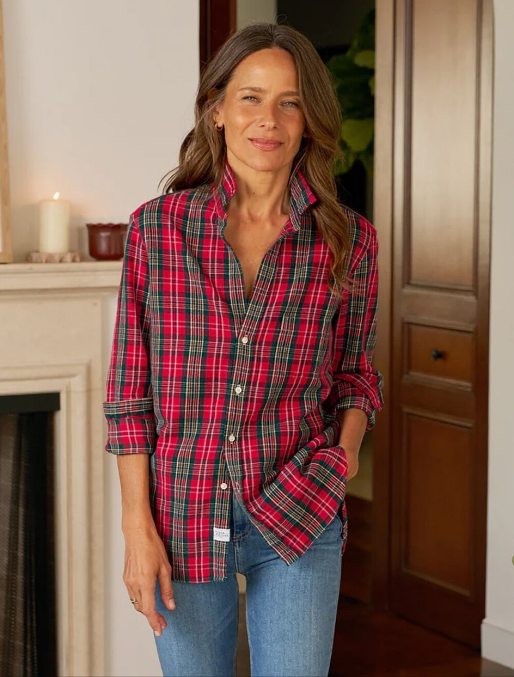 Red Plaid Button-Up Shirt - Women